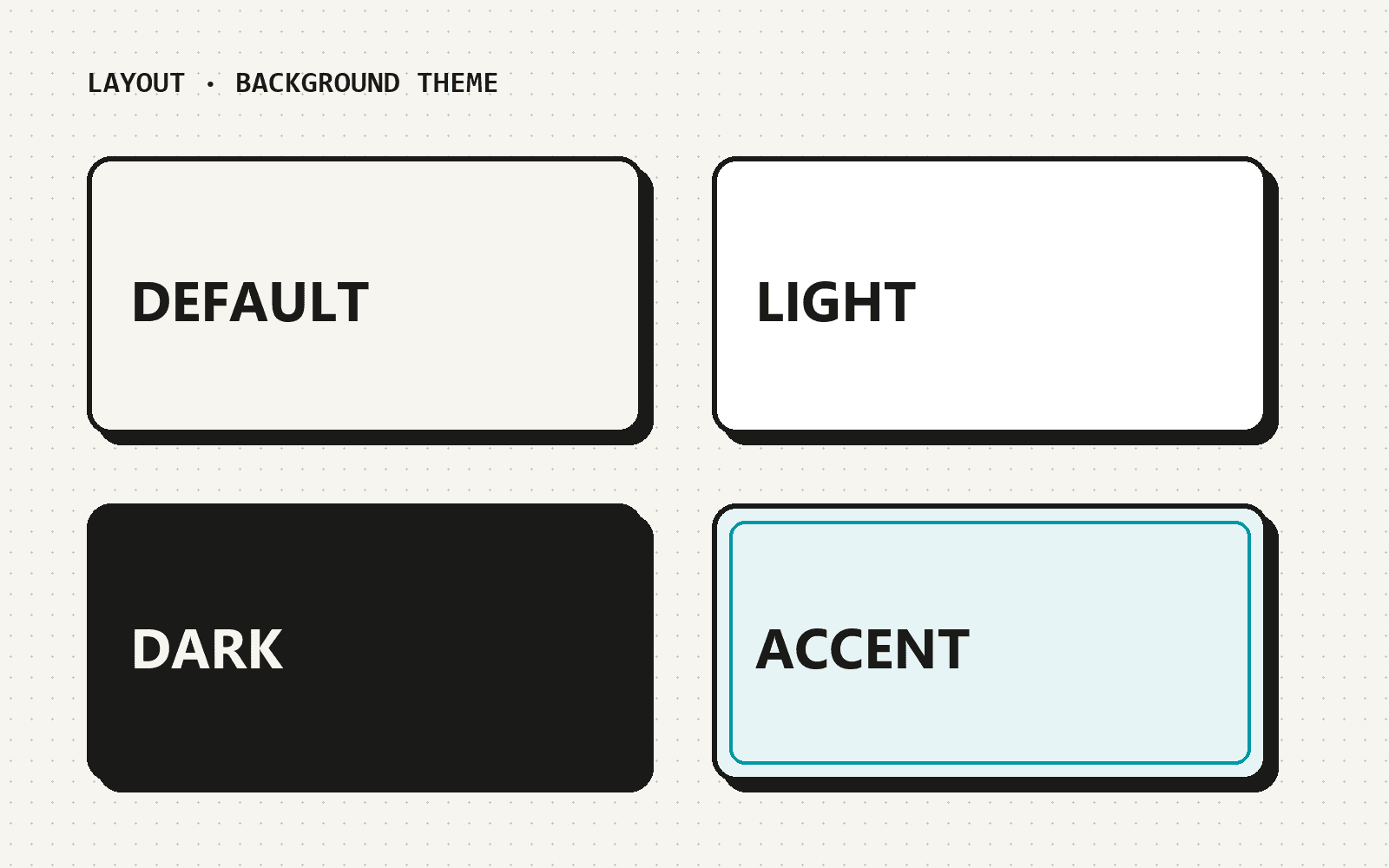 Four panels labelled Default, Light, Dark and Accent showing the background themes
